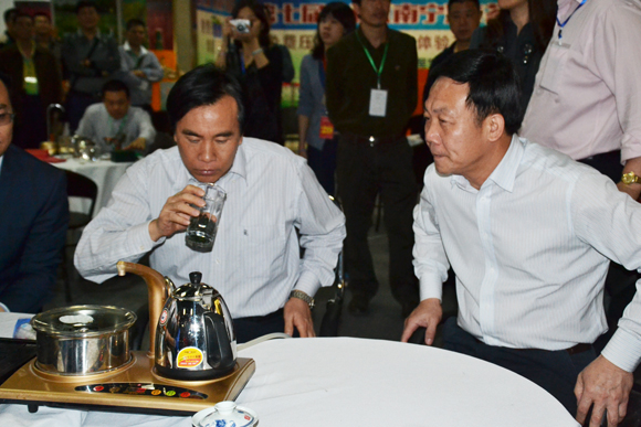 南宁市农业局局长唐波文（右一）向自治区农业厅副巡视员麦楚均介绍广西名茶